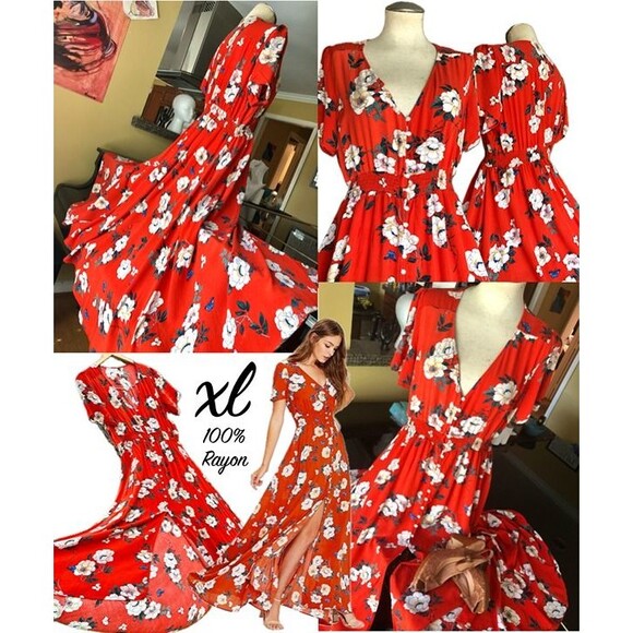 Retro Tomato Red & White Floral Flowy Short Sleeve Button Down A Line Maxi Dress - Picture 1 of 12